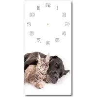Tulup Wandklok - Hond en kat Wandklok Glas Decoratie - 30x60 cm - Bruin Gekleurde Glazen Klok - Witte handen - Rechthoekige Klok - Klok Glas Met Opdruk - Moderne Wandklok Glas