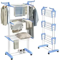 Aosom wasrek, kledingrek met wielen, staande droogrek met 4 niveaus, staal