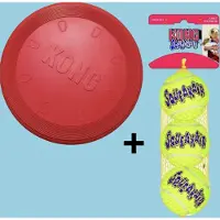 Kong flyer frisbee rood met squeakair tennisbal 23x3 cm + m 6,5 cm 3 st