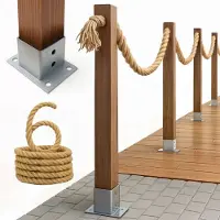 BOGATECO Houten schutting met jute touw | Zeilhek 6 m | 13 verschillende lengtes | Montageset inbegrepen Grondhuls met ankerplaat