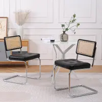 Sweiko Eetkamerstoel - Set van 2 - Opengewerkt rotan - Kunstleren zitting - Metalen poten - Zwart
