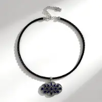 Cavill - Halsketting 925 Sterling Zilver - 8,1 ct Braziliaanse Sodaliet - Zwarte Leren Ketting - Elegant Marquise Druppel Rond Design