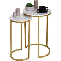 Mendler Set van 2 bijzettafels -K46, salontafel nachtkastje loungetafel, marmeren look MDF ~ wit-goud