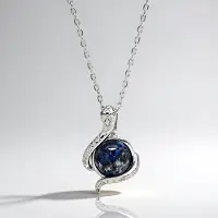 Cavill - Zilveren Halsketting - 925 Sterling Zilver Gerhodineerd - 1,95 ct Ronde Afghaanse Lapis Lazuli Cabochon - Elegant Slangmotief - Verstelbaar