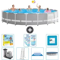 Intex Ronde Zwembad met Prismaframe – 610 x 132 cm – Grijs – Inclusief pomp, ladder, bodemzeil, afdekking, onderhoudspakket, filter en bodemtegels
