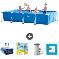 Intex Rechthoekig Frame Zwembad - 450 x 220 x 84 cm - Blauw - Inclusief Solarzeil - Onderhoudspakket - Zwembadfilterpomp - Vloertegels