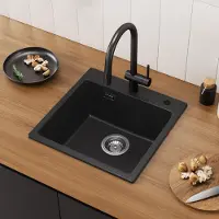 CECIPA 45x45cm Spoelbak Met Kraangat - Granieten Gootsteen - Spoelbak Keuken - Enkele Spoelbakken - Spoelbakken met afdruip - 80% kwartszand en 20% hars - Antraciet