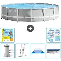 Intex Ronde zwembad met prismaramen – 457 x 107 cm – Grijs – Inclusief pomp, ladder, bodemzeil, afdekking, onderhoudspakket en filter