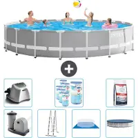 Intex Ronde zwembad met prismaramen – 610 x 132 cm – Grijs – Inclusief pomp, ladder, bodemzeil, afdekking, zoutwatersysteem, filter en zwembad zout