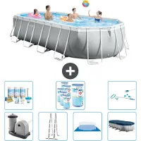 Intex Ovaal Prism Frame Zwembad – 610 x 305 x 122 cm – Grijs – Inclusief pomp, ladder, bodemzeil, afdekking, onderhoudspakket, filter en reinigingsset