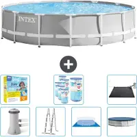 Intex Ronde Zwembad met Prismaframe – 427 x 107 cm – Grijs – Inclusief pomp – Ladder – Bodemzeil – Afdekking – Onderhoudspakket – Filter – Zonnepaneel