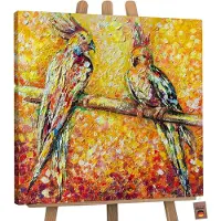 YS Canvas schilderij vierkant handgeschilderd zonnige papegaaien vogels tropisch – -Art Gallery – Vrolijke wanddecoratie voor woonkamer – Uniek schilderij voor hal en kantoor