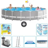 Intex Ronde zwembad met prismaramen – 610 x 132 cm – Grijs – Inclusief pomp, ladder, bodemzeil, afdekking, onderhoudspakket en filter