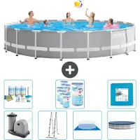 Intex Ronde Zwembad met Prismaframe – 610 x 132 cm – Grijs – Inclusief pomp, ladder, bodemzeil, afdekking, onderhoudspakket, filter en bodemtegels