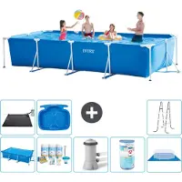 Intex Rechthoekig Frame Zwembad - 450 x 220 x 84 cm - Blauw - Inclusief Solarzeil - Onderhoudspakket - Zwembadfilterpomp - Filter - Grondzeil - Solar Mat - Ladder - Voetenbad - 9-delig