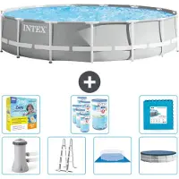 Intex Ronde zwembad met prismaraster – 457 x 107 cm – Grijs – Inclusief pomp, ladder, bodemzeil, afdekking, onderhoudspakket, filter en bodemtegels