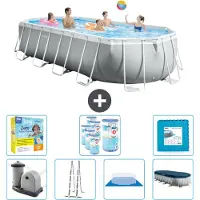 Intex Ovaal Prism Frame Zwembad – 610 x 305 x 122 cm – Grijs – Inclusief pomp, ladder, grondzeil, afdekking, onderhoudspakket, filter en bodemtegels