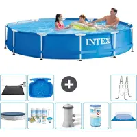 Intex Rond Frame Zwembad - 366 x 76 cm - Blauw - Inclusief Afdekzeil - Onderhoudspakket - Zwembadfilterpomp - Filter - Grondzeil - Solar Mat - Ladder - Voetenbad - 9-delig