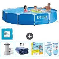 Intex Rond Frame Zwembad - 366 x 76 cm - Blauw - Inclusief Pomp Solarzeil - Onderhoudspakket - Filters - Vloertegels