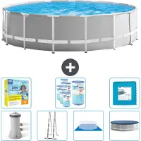 Intex Ronde Zwembad met Prismaframe – 457 x 122 cm – Grijs – Inclusief pomp – Ladder – Bodemzeil – Afdekking – Onderhoudspakket – Filter – Bodemtegels