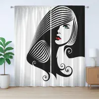 Abakuhaus Hedendaags rustiek gordijn, Abstracte betovering, met lussen en haken voor de woonkamer, 280 x 245 cm, Zwart-wit