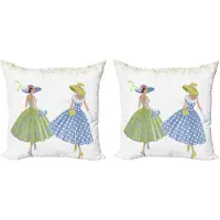 Abakuhaus Vintage decoratieve kussenhoes met afbeelding van twee vrouwen, moderne accenten, 40x40 cm, groen, blauw en wit