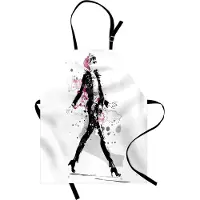 Abakuhaus Mode kookschort – betoverend, stijlvol, sexy vrouwenmodel op de catwalk in wijnoogst-ontwerp; kleurvast, hoogteverstelbaar, wasbaar, digitaal bedrukt; Zwart Roze
