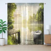 Abakuhaus Natuurlijk rustiek gordijn, boot bij mistig meer, met lussen en haken voor de woonkamer, 280 x 260 cm, olijfgroen wit