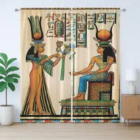 Abakuhaus Egyptisch rustiek gordijn, oud-Egyptisch papyrus, slaapkamergordijn met lussen en haken, 280 x 245 cm, beige oranje