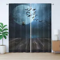 Abakuhaus Rustiek Halloweengordijn, Meerlandschap met Vleermuizen, Geplooid gordijn voor de slaapkamer met lussen en haken, 280 x 175 cm, Bruinblauw