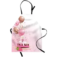 Abakuhaus verjaardag kookschort, aardbei-roze taartkaars-schijf, gestippelde ballonnen en confettifeest, kleurrijk, in hoogte verstelbaar, wasbaar, heldere digitale druk, crème roze tan