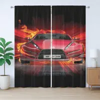 Abakuhaus Rustiek Autogordijn, Vlammen Vuur Auto die Snel Rijdt, met Bandjes voor de Woonkamer met Lussen en Haken, 280 x 175 cm, Rood Oranje Zwart