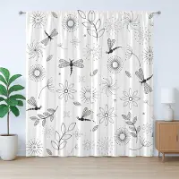 Abakuhaus Schetsmatig rustiek gordijn, libellenbloemen, met lussen en haken voor de woonkamer, 280 x 175 cm, wit zwart
