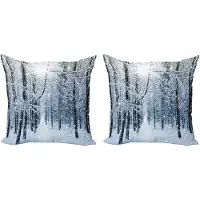 Abakuhaus Decoratieve kussenhoezen voor de winter, set van 2, besneeuwd bos, moderne accenten, 40x40 cm, blauwgrijs, wit, zwart