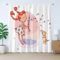 Abakuhaus Rustiek gordijn met paardenbloemmotief, cartoonmeisje en kat, met lussen en haken voor de woonkamer, 280 x 175 cm, wit roze
