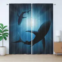 Abakuhaus Rustiek haaiengordijn, silhouetten van zwemmende vissen, met lussen en haken voor de woonkamer, 280 x 175 cm, donkerblauw