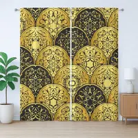 Abakuhaus Mandala Rustiek Gordijn, Cirkels in Schaalpatroon, met Bandjes voor de Woonkamer, Lussen en Haken, 280 x 175 cm, Geel en Zwart