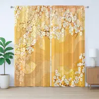 Abakuhaus Aziatisch rustiek gordijn, bloemenprint, slaapkamer, geplooid gordijn met lussen en haken, 280 x 175 cm, goudsbloemcrème