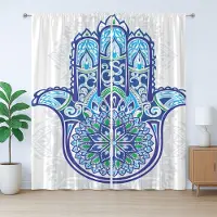 Abakuhaus Hamsa Rustiek Gordijn, Oosterse Bloemen, Universele Gordijnen met Bandjes en Lussen voor de Woonkamer, 280 x 260 cm, Blauw Turkoois Wit