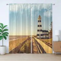 Abakuhaus Rustiek strandgordijn, vuurtoren en zeegolven, slaapkamergordijn met lussen en haken, 280 x 245 cm, gemberblauw