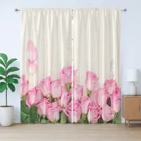 Abakuhaus Rustiek houten gordijn, bloeiend rozenboeket, met lussen en haken voor de woonkamer, 280 x 175 cm, roze, beige, groen