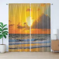 Abakuhaus Rustiek gordijn met zeegezicht, zonsondergang op het strand in een Braziliaanse stad, met lussen en haken , 280 x 245 cm, oranjegrijs