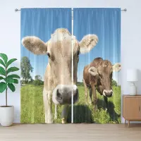 Abakuhaus Rustiek gordijn met boerderijdieren, close-up van koeien, met lussen en haken voor de slaapkamer, 280 x 245 cm, appelgroen/beige