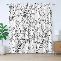 Abakuhaus Rustiek boomgordijn, takken met bladeren en knoppen, slaapkamergordijn met lussen en haken, 280 x 175 cm, zwart-wit