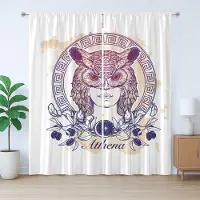 Abakuhaus Athena Rustiek Gordijn, Griekse Uil Vrouw, met Bandjes voor de Woonkamer met Lussen en Haken, 280 x 245 cm, Wit Blauw Beige