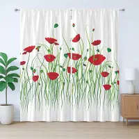 Abakuhaus Rustiek gordijn met klaprozen, bloemen in een landelijke setting, slaapkamergordijn met lussen en haken, 280 x 245 cm, scharlakengroen wit