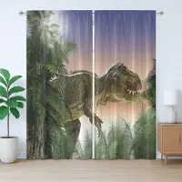 Abakuhaus Jurassic Rustic Gordijn, Dinosaurussen in de Jungle, met Bandjes, Lussen en Haken voor de Woonkamer, 280 x 260 cm, Groen Blauw Perzik