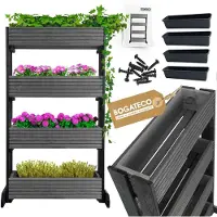 BOGATECO | Set van 4 bloempotten op standaard | Set van 4 bloempot plantenbakken 64x20cm | Houten bloempotten voor tomaten en bloemen, plantenbak voor tuinbalkon | 120cm hoog | Zwart