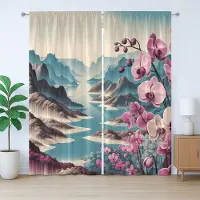 Abakuhaus Rustiek gordijn met meermotief, orchideeën, aardse Rocky Mountains, met lussen en haken , 280 x 225 cm, lichtpaars zeeblauw