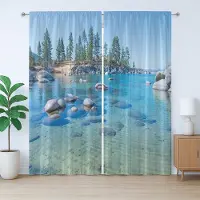 Abakuhaus Rustiek Landschap Gordijn, Rustgevende Waterrots, met Bandjes en Haakjes voor de Woonkamer, 280 x 245 cm, Blauw Grijs Groen Grijs
